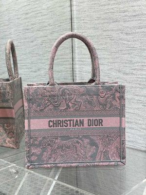 クリスチャン・ディオール小さいBooktoteのピンクおよびGray Toile De Jouy Sauvageの刺繍