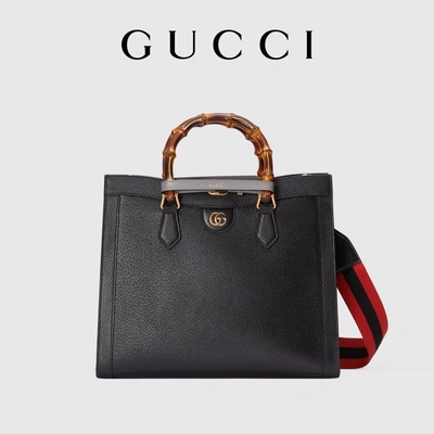 黒い革中型のダイアナ グッチBag Tote王女のタケ ハンドル