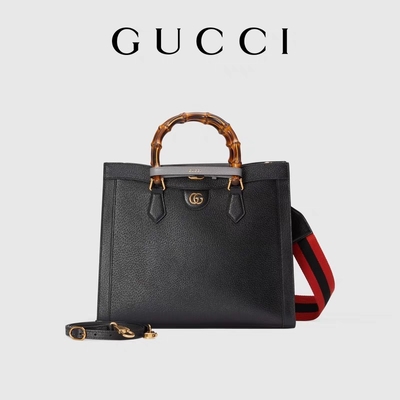 黒い革中型のダイアナ グッチBag Tote王女のタケ ハンドル