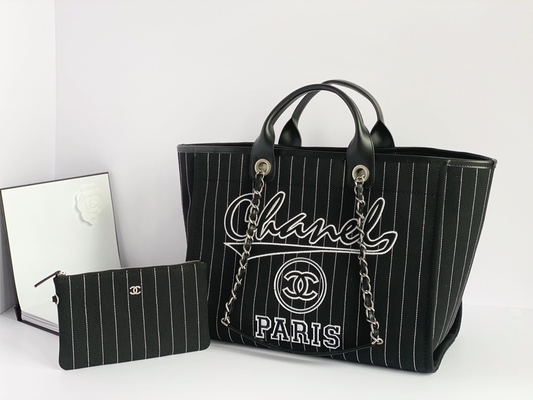 決め付けられる大きい注文は綿の子牛革のChanel 2.55のハンドバッグMetalblackおよび白を袋に入れる